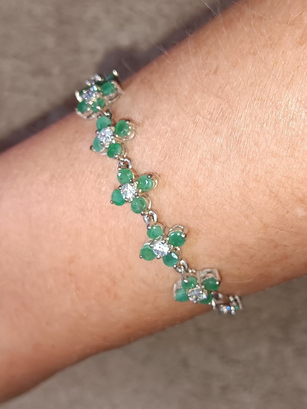 925 Stearling Silver Green Natural Emerald Floral Link Bracelet for Women